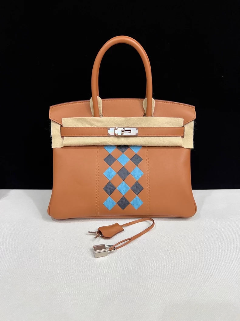 Hermes Birkin 30 Tressage Swift Gold/Bleu du Nord/Bleu Indigo leather palladium hardware