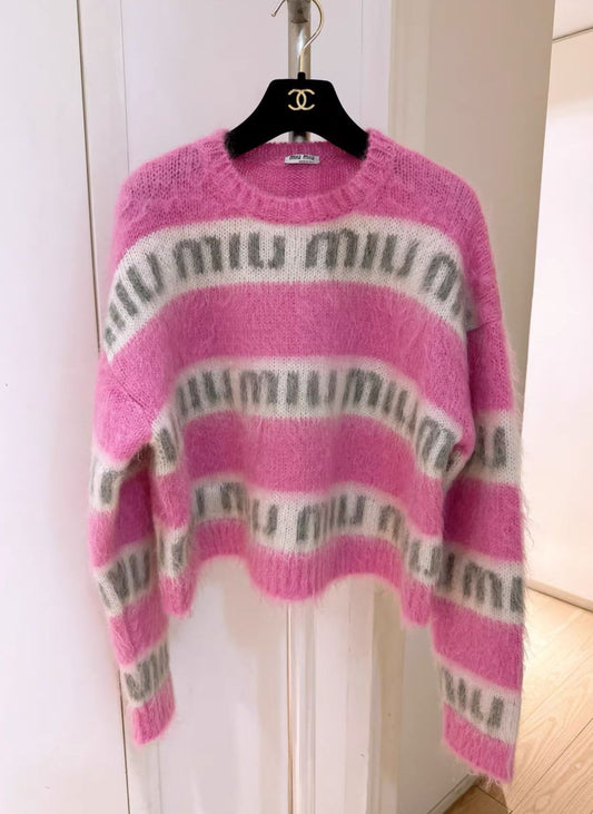 MIU MIU Miu Miu Pink and White Logo Mohair Sweater - Medium Top - Vintage fashion from Top Quality Luxury Designers Bag