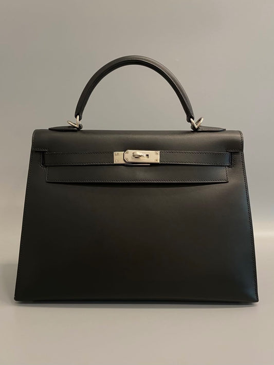 Hermes kelly 32 black box leather palladum hardware
