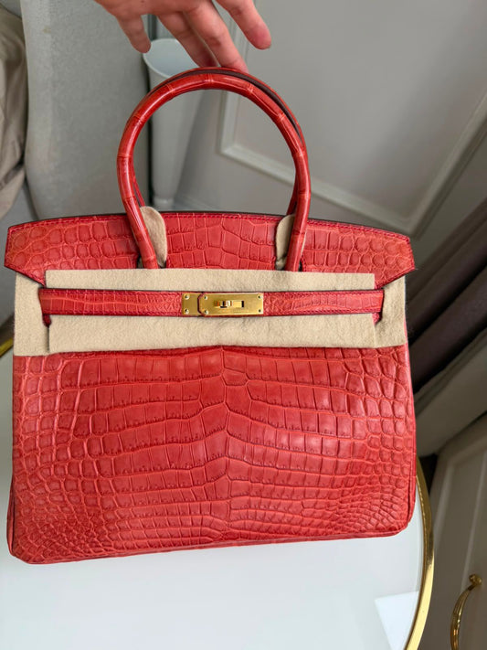 Hermes Birkin 30 Geranium Matte Porosus crocodile leather gold hardware