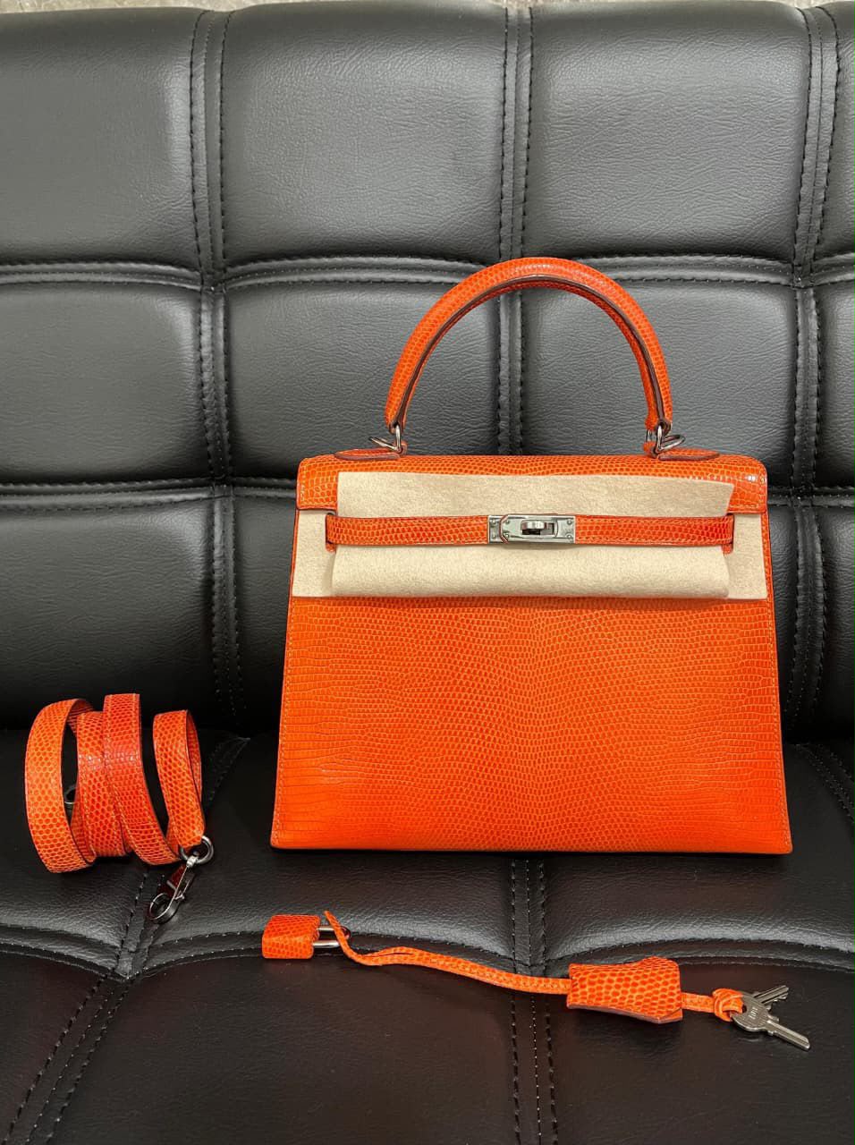 Hermes Kelly 25 Tangerine Lizard Ruthenium Hardware