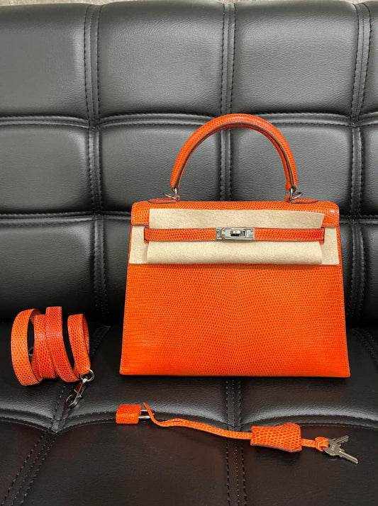 Hermes Kelly 25 Tangerine Lizard Ruthenium Hardware