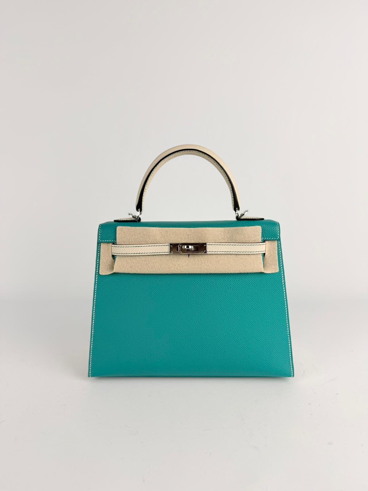 Hermes Kelly 25 Blue Paon / Craie Epsom Palladium Hardware