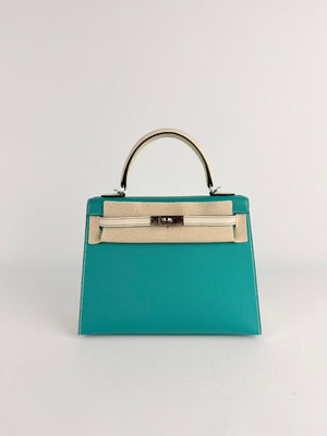 Hermes Kelly 25 Blue Paon / Craie Epsom Palladium Hardware