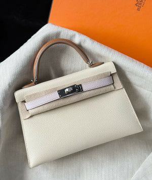 Hermès Mini Kelly II (20) Tri-Color Craie, Mauve Sylvestre  Gold Epsom with Palladium Hardware