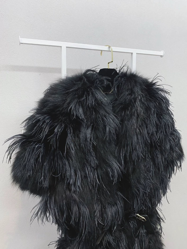 FENDI black fur coat with feather