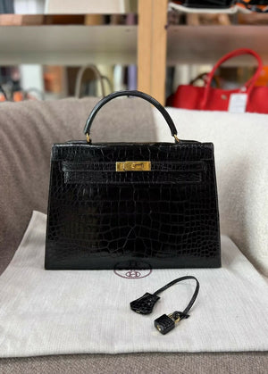 Vintage Hermes kelly 32 black shiny crocodile leather gold hardware
