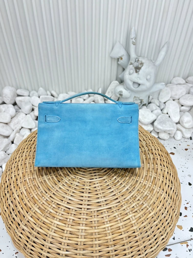Hermès Kelly pochette Doblis blue atoll suede leather palladium hardware