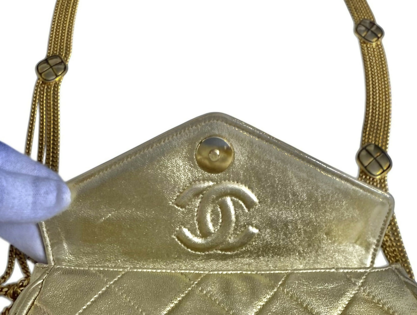 Rare 90’s Chanel Vintage Gold Quilted Lambskin Leather Multi Chain Jewelry Tassel Bag
