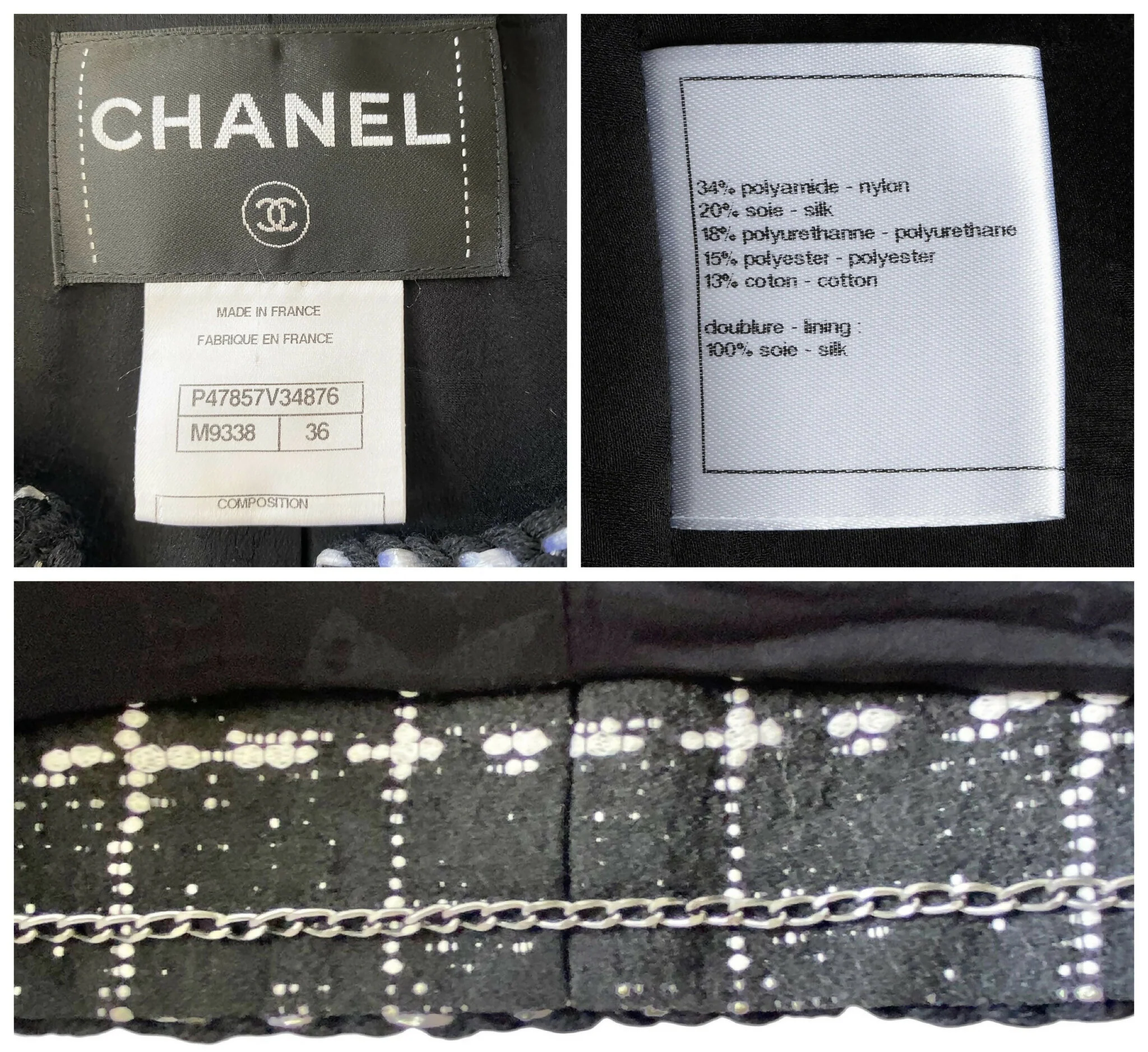 Chanel 14P Black Grid Tweed Braided Trim Double Breasted Jacket FR 36