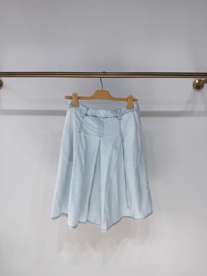 Miu miu Chambray Light Blue Distressed Denim Midi Skirt