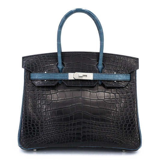 HERMÈS Birkin 30 Noir Colvert Matte Alligator Brushed Palladium