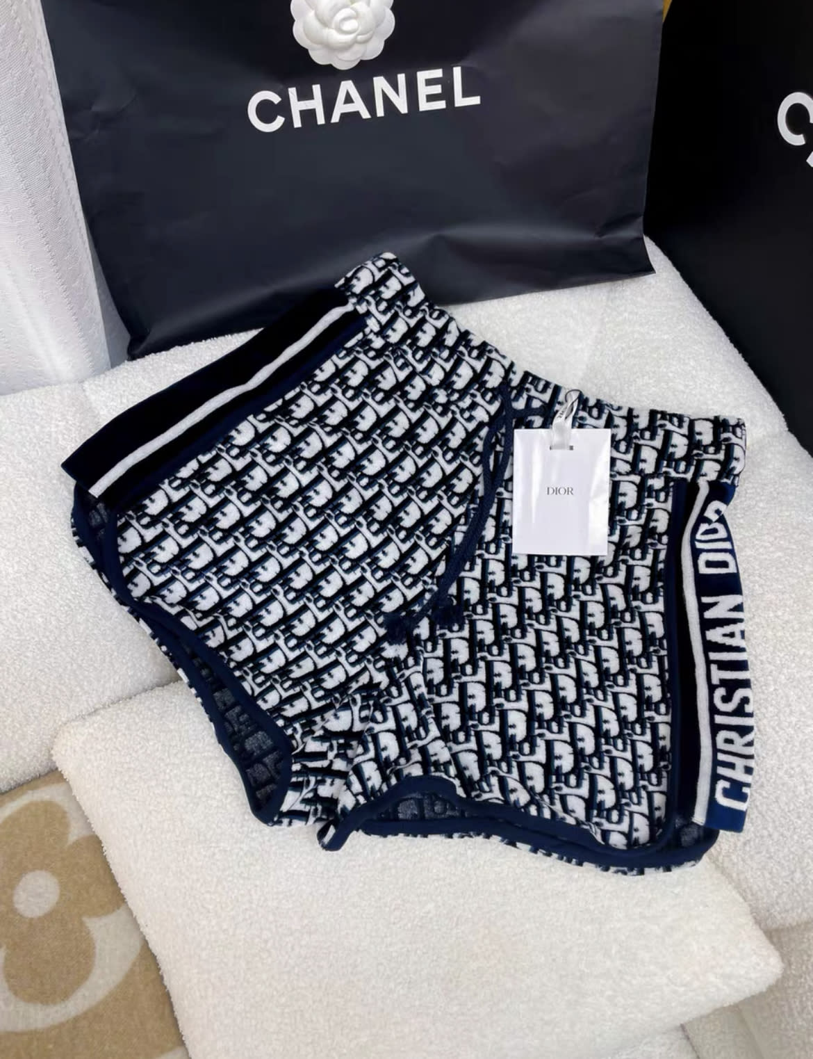 DIOR DIOR SHORTS Navy Blue Dior Oblique Velvet-Effect Cotton Jersey - Small Shorts - Used fashion item from Top Quality Luxury Designers Bag