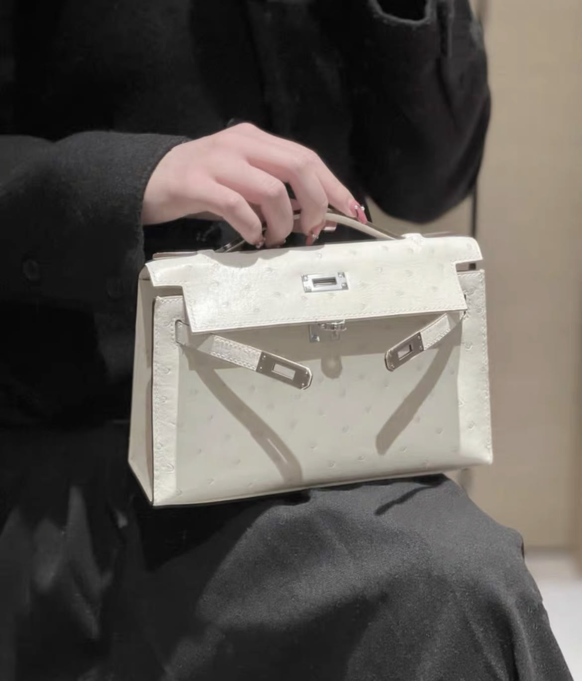 Hermes kelly pochette white ostrich leather palladium hardware