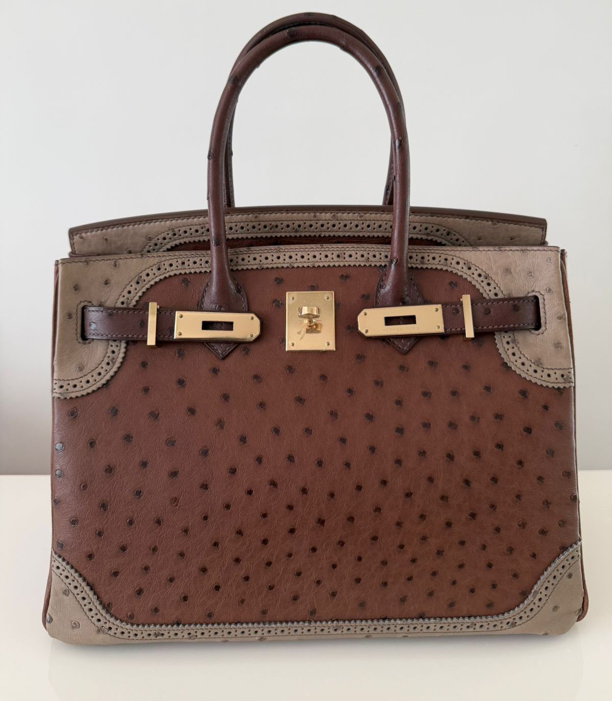Hermes Birkin 30 Ghillies Estruque / marron Fonce / mousse ostrich Gold Harwdare