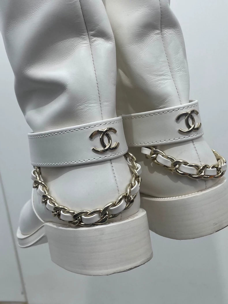 Chanel white boots with chains