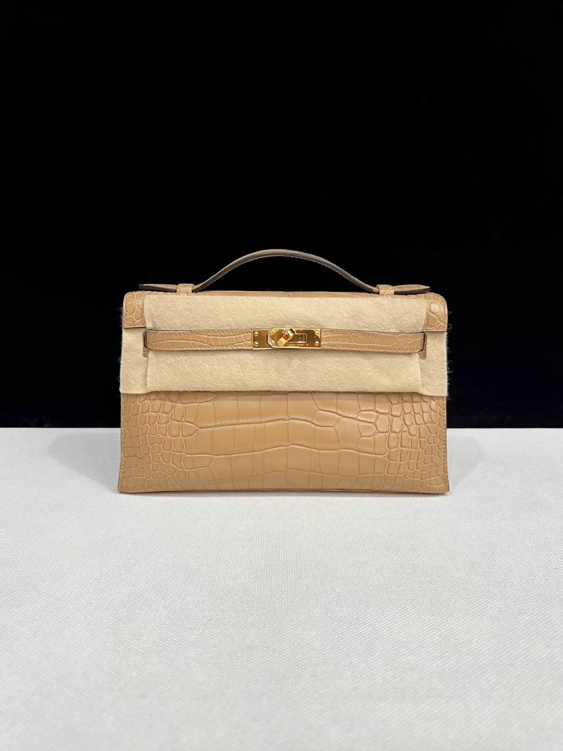 Hermes kelly pochette Chai Matte Crocodile leather Gold Hardware