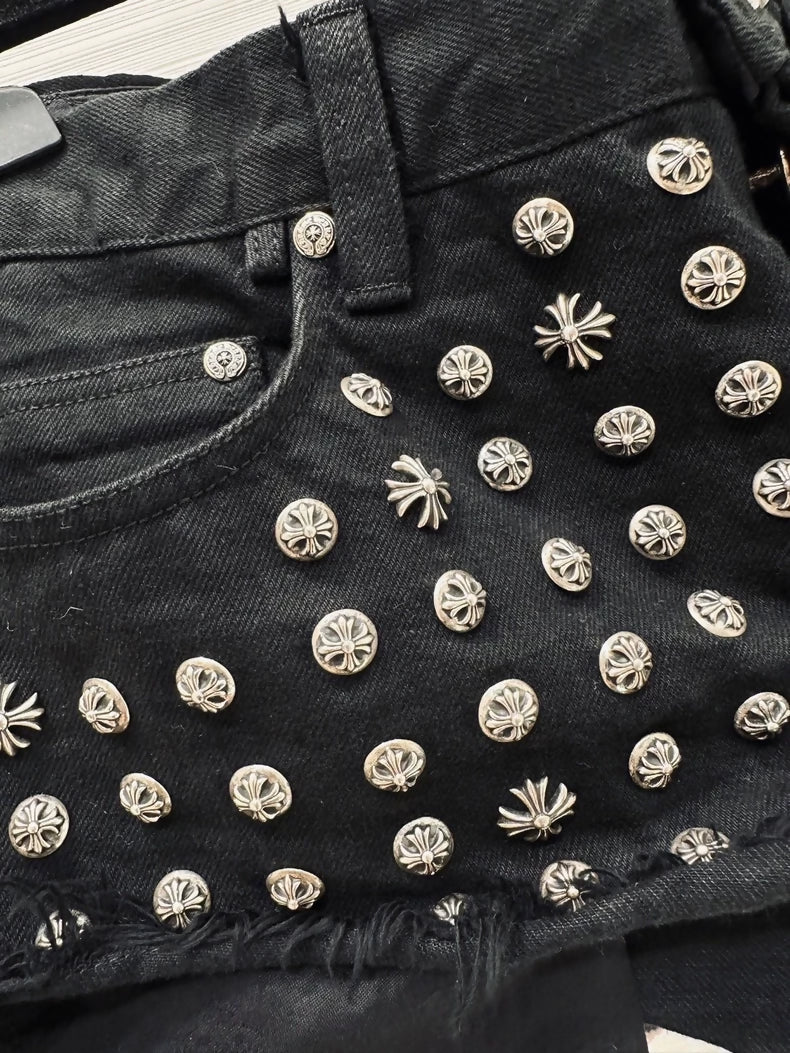 Chrome Hearts studded black denim shorts