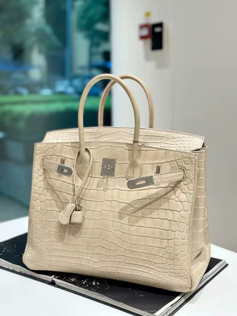 Hermes Birkin 35 wool white matte Crocodile leather Palladium hardware