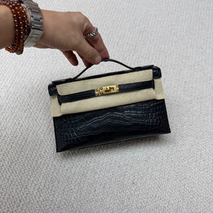 Hermes Kelly pochette black matte crocodile leather gold hardware