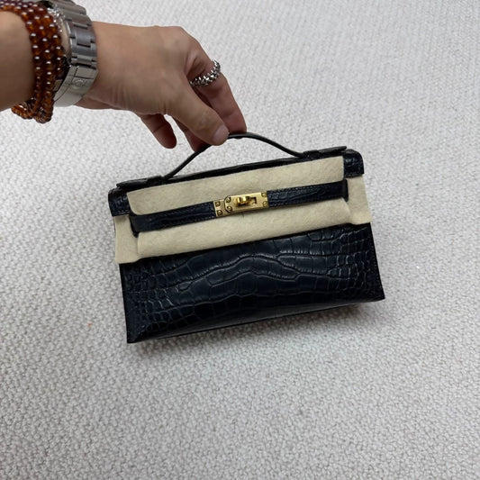 Hermes Kelly pochette black matte crocodile leather gold hardware