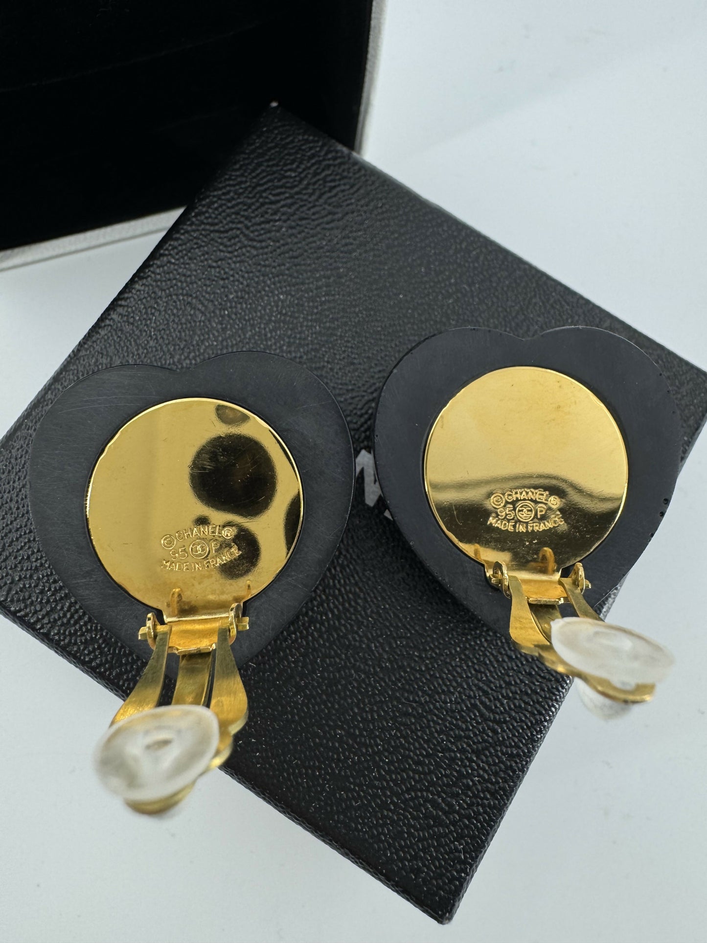 Chanel Vintage 95P Rhinestone  Gold Plated Heart-shaped Black and Red Clip-on Earrings