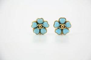 Chanel Vintage 97P Gripoix Blue Camellia Clip-on Earrings