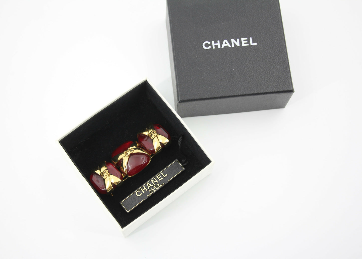 Chanel Vintage 94P Gripoix Red CC Gold Plated Rectangular Cross Brooch