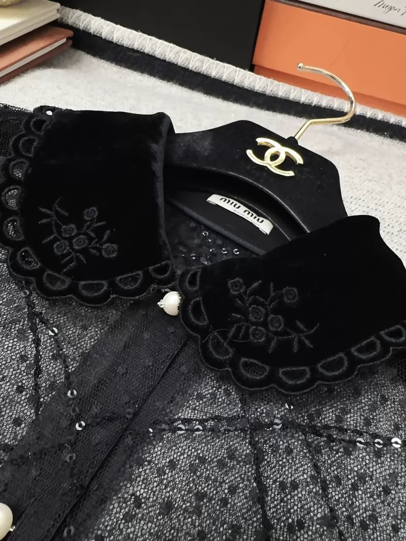 Miu Miu black silk and lace-trimmed shirt