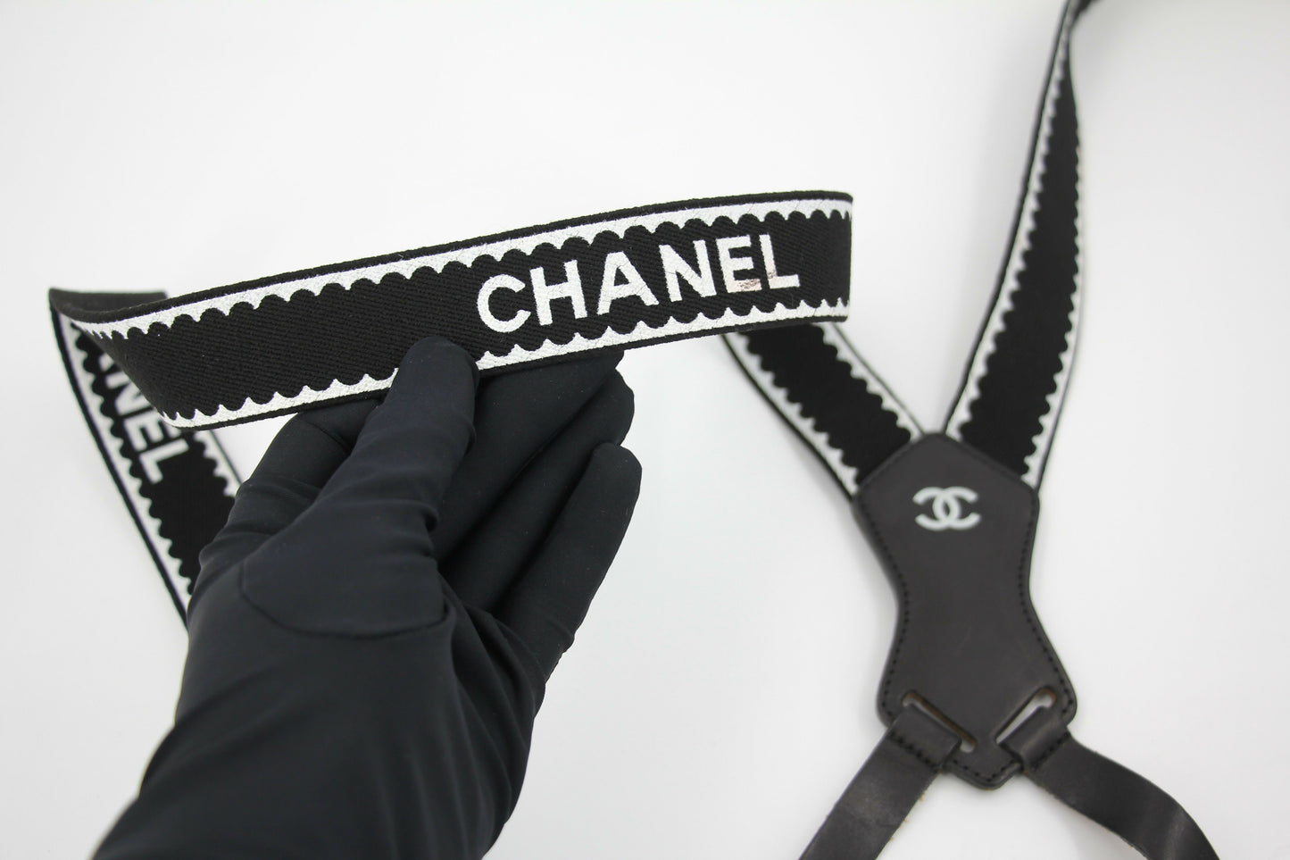 Chanel Vintage 94P Leather  Canvas Coco Mark Suspenders in Black with Gold Hardware