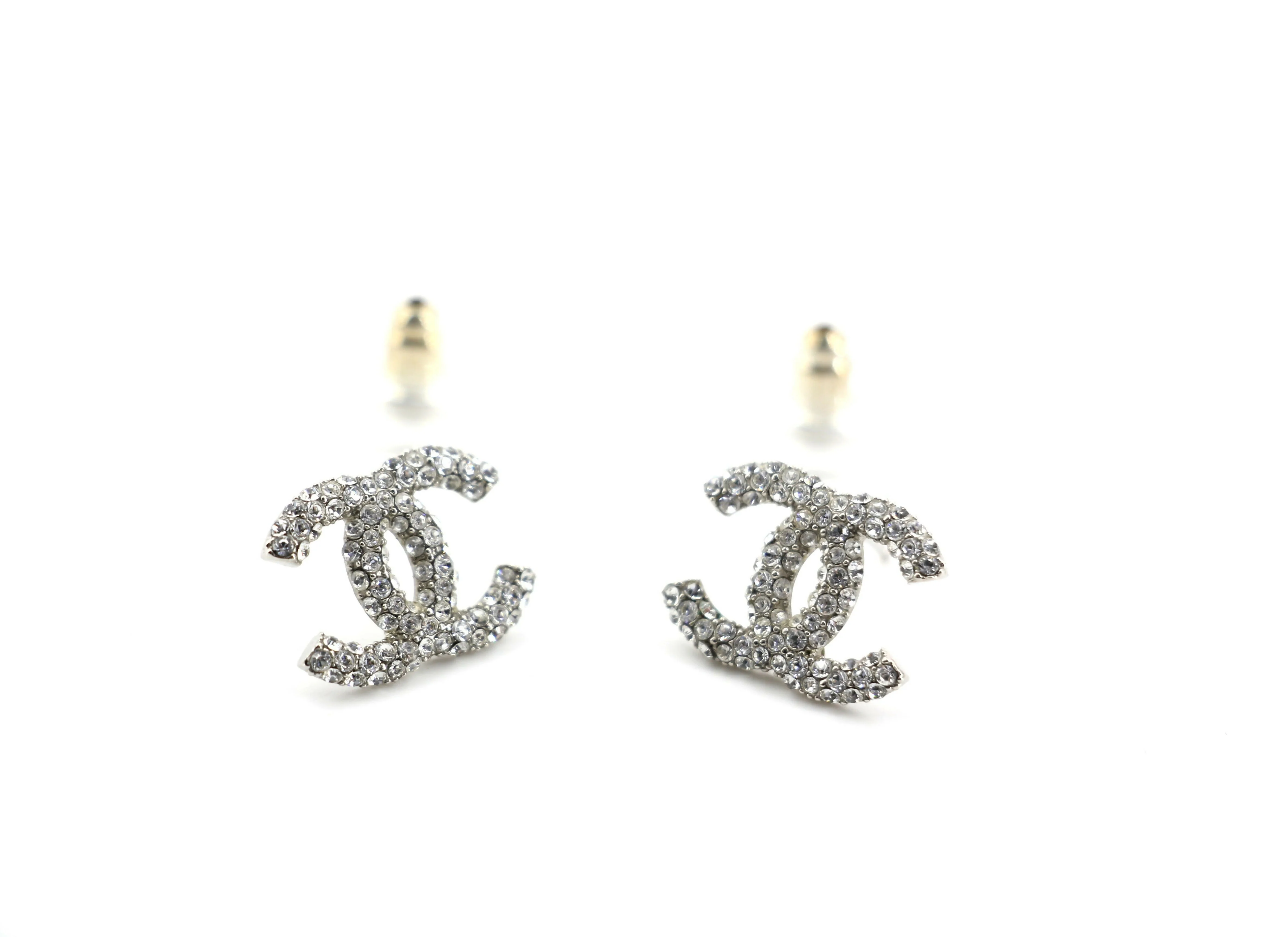 Chanel B18S Rhinestone Classic Silver CC Stud Earrings