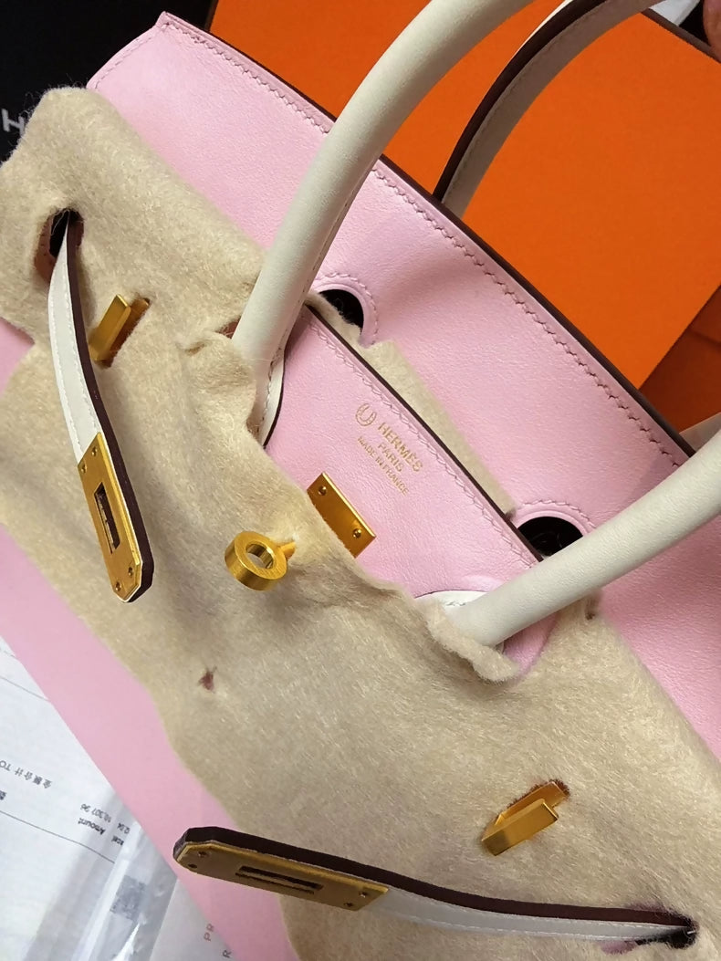 Hermes Birkin 25 two colors cherry pink 3Q and craie swift leather with brushed gold hardware
