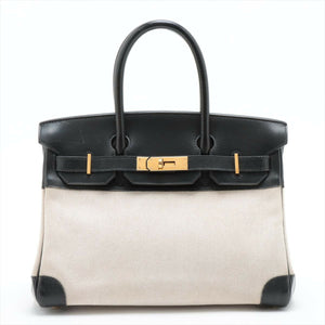 Hermès Birkin 25 Black Swift and Natural Canvas with Gold Hardware