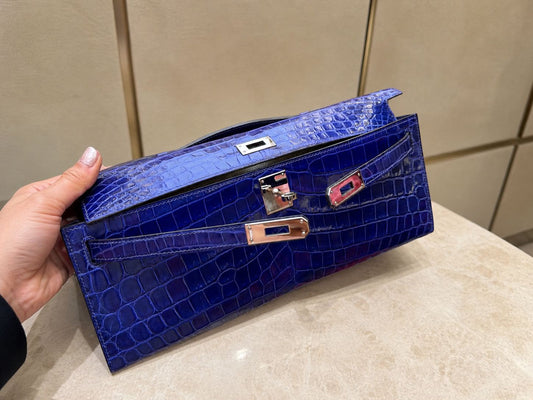 Hermes Kelly cut blue electrique shiny crocodile leather palladium hardware