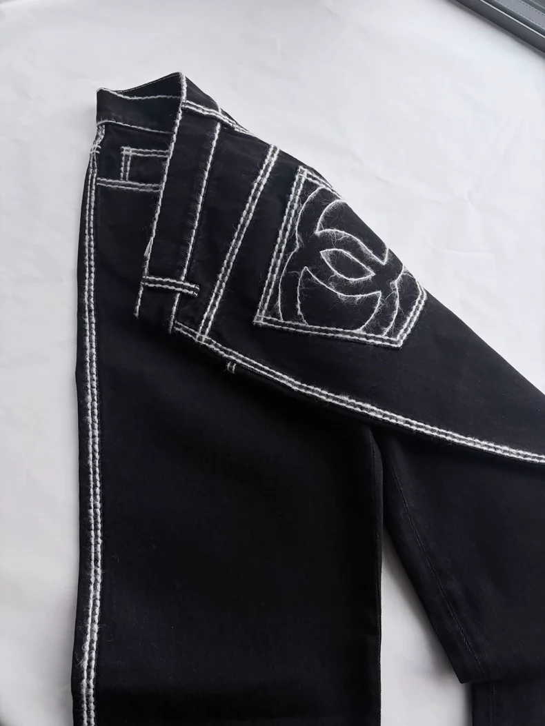 Chanel 24N Black Straight-Leg Trousers with white Stripe Trim