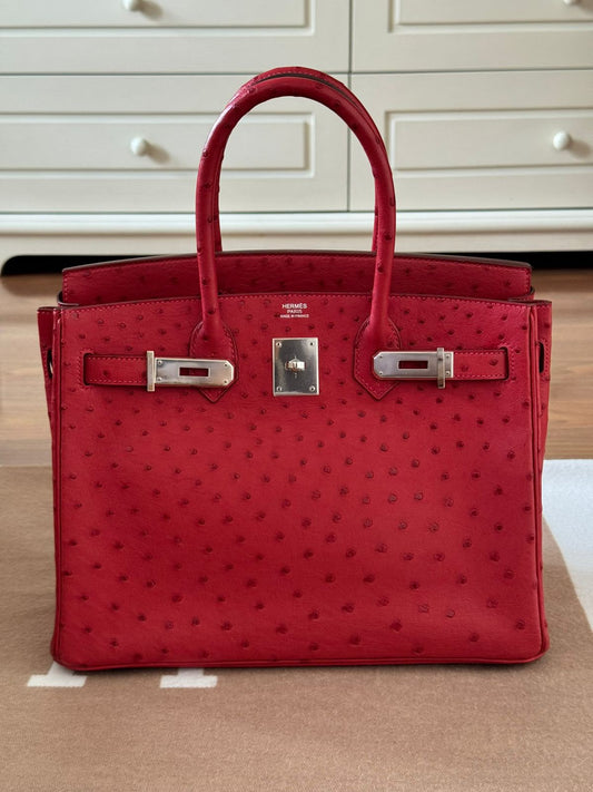 Hermes Birkin 30 Rouge Vif Ostrich Leather Palladium Hardware