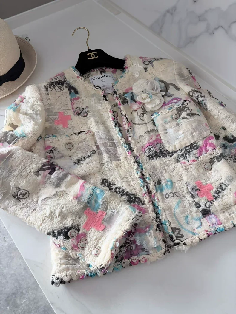 Chanel 2007 silk graffiti cardigan with brooch