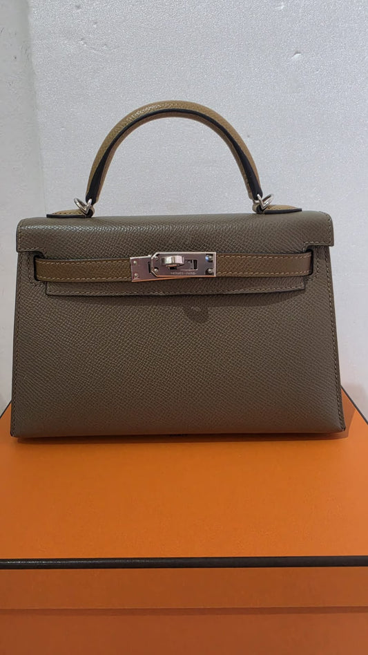 Hermes Mini Kelly 20 Tricolor Etoupe / Alezan / Biscuit Epsom Palladium hardware