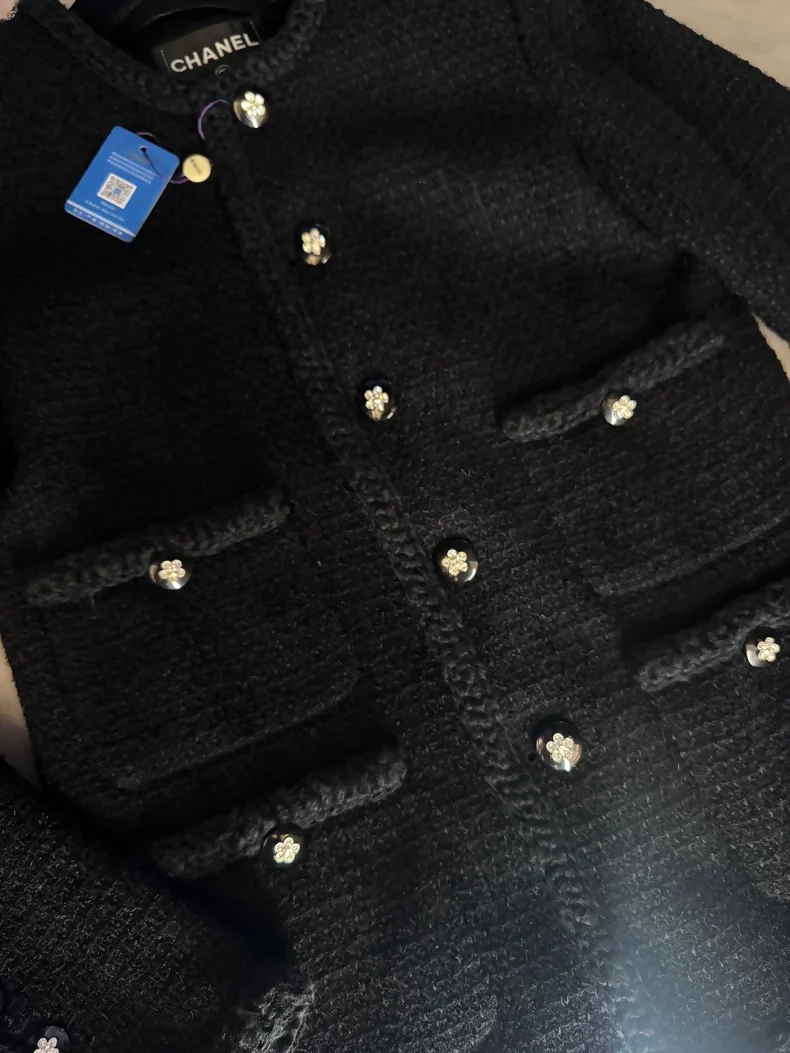 Chanel 23K Camellia Embroidered Four-Pocket Black tweed Jacket