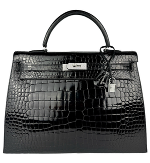 Hermès Black Shiny Porosus Crocodile Kelly 35 18k White Gold and Diamond Hardware