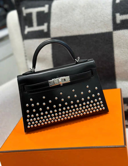 Hermès Hermes Clouté Studded Mini Kelly II 20 Black Box stamp W 2024 - 20 Crossbody Bag - Vintage fashion from Top Quality Luxury Designers Bag