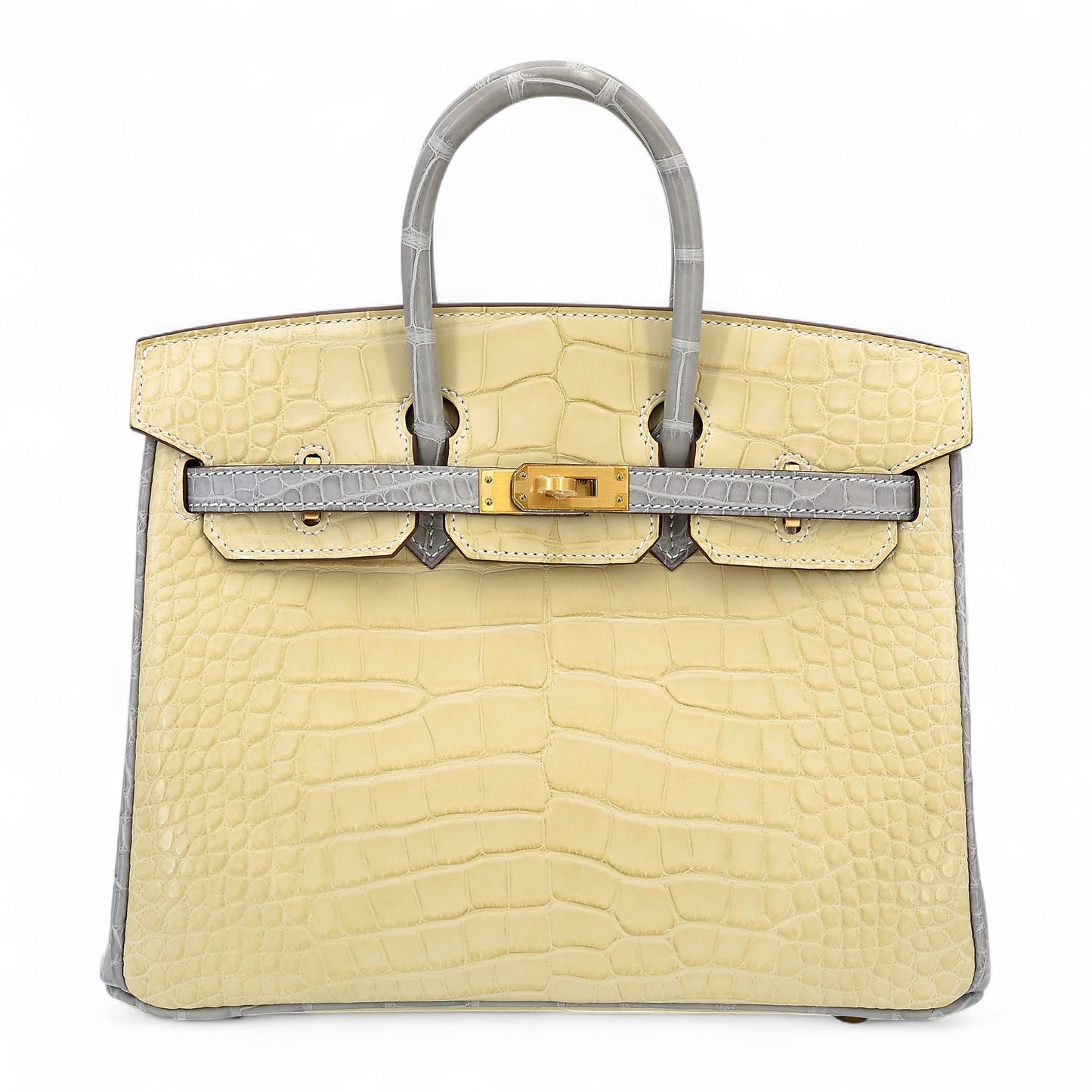 Hermes Birkin 25 HSS Vanille Gris Perle Matte Alligator Brushed Gold hardware