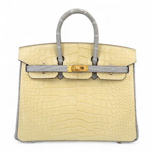 Hermes Birkin 25 HSS Vanille Gris Perle Matte Alligator Brushed Gold hardware