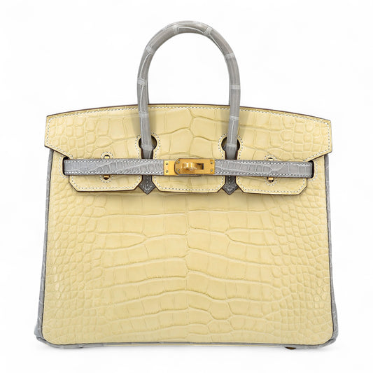 Hermes Birkin 25 HSS Vanille Gris Perle Matte Alligator Brushed Gold hardware