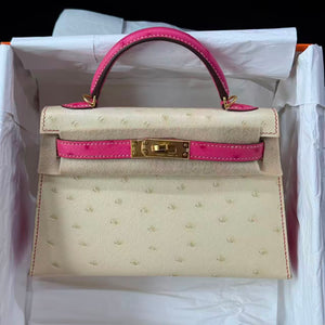 Hermes Mini kelly 20 Parchemin x rose ostrich leather gold hardware