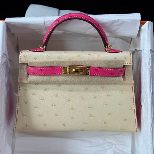 Hermes Mini kelly 20 Parchemin x rose ostrich leather gold hardware