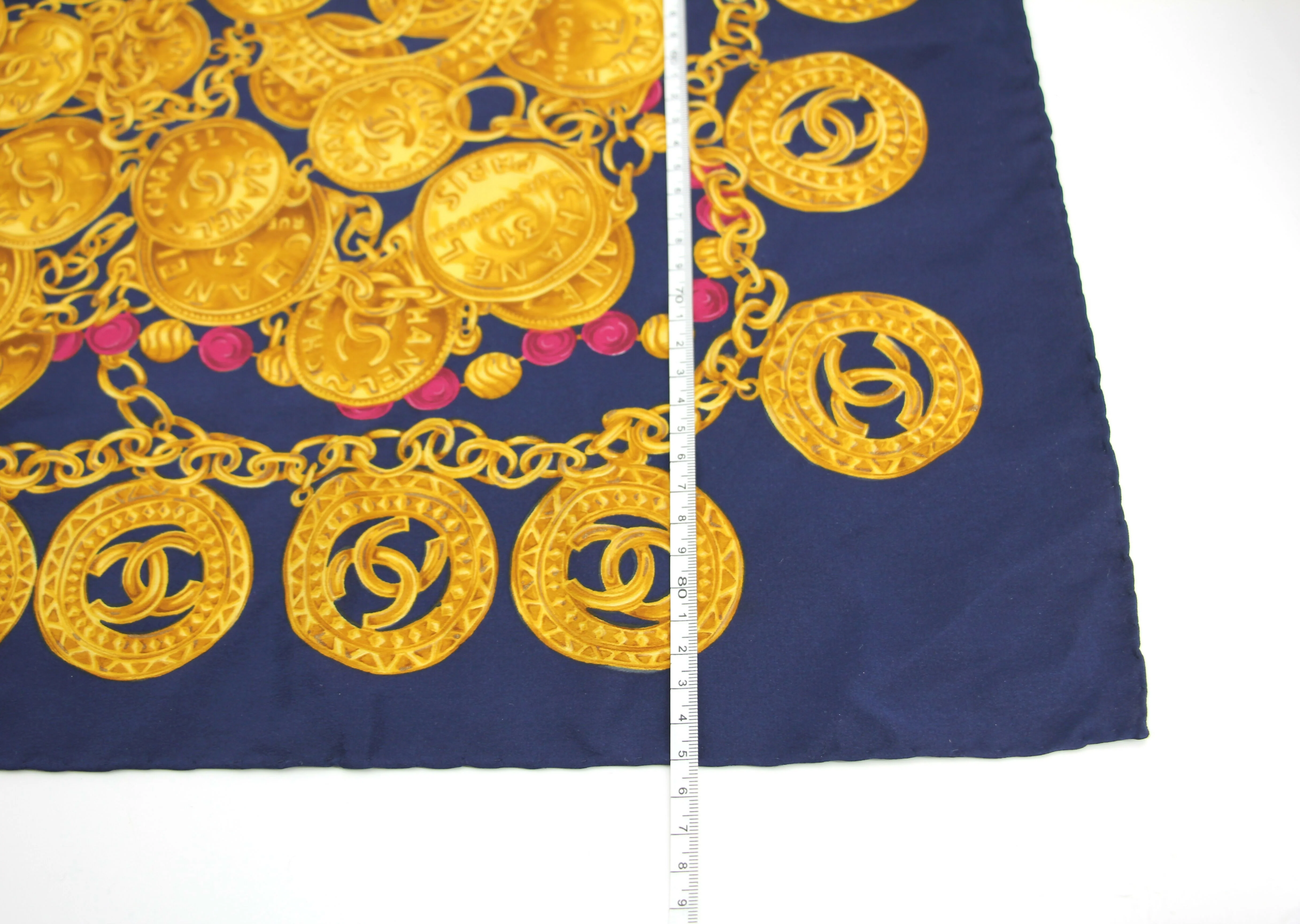 Chanel 100% Silk Navy Blue Chain and Gold Coin Pattern Scarf