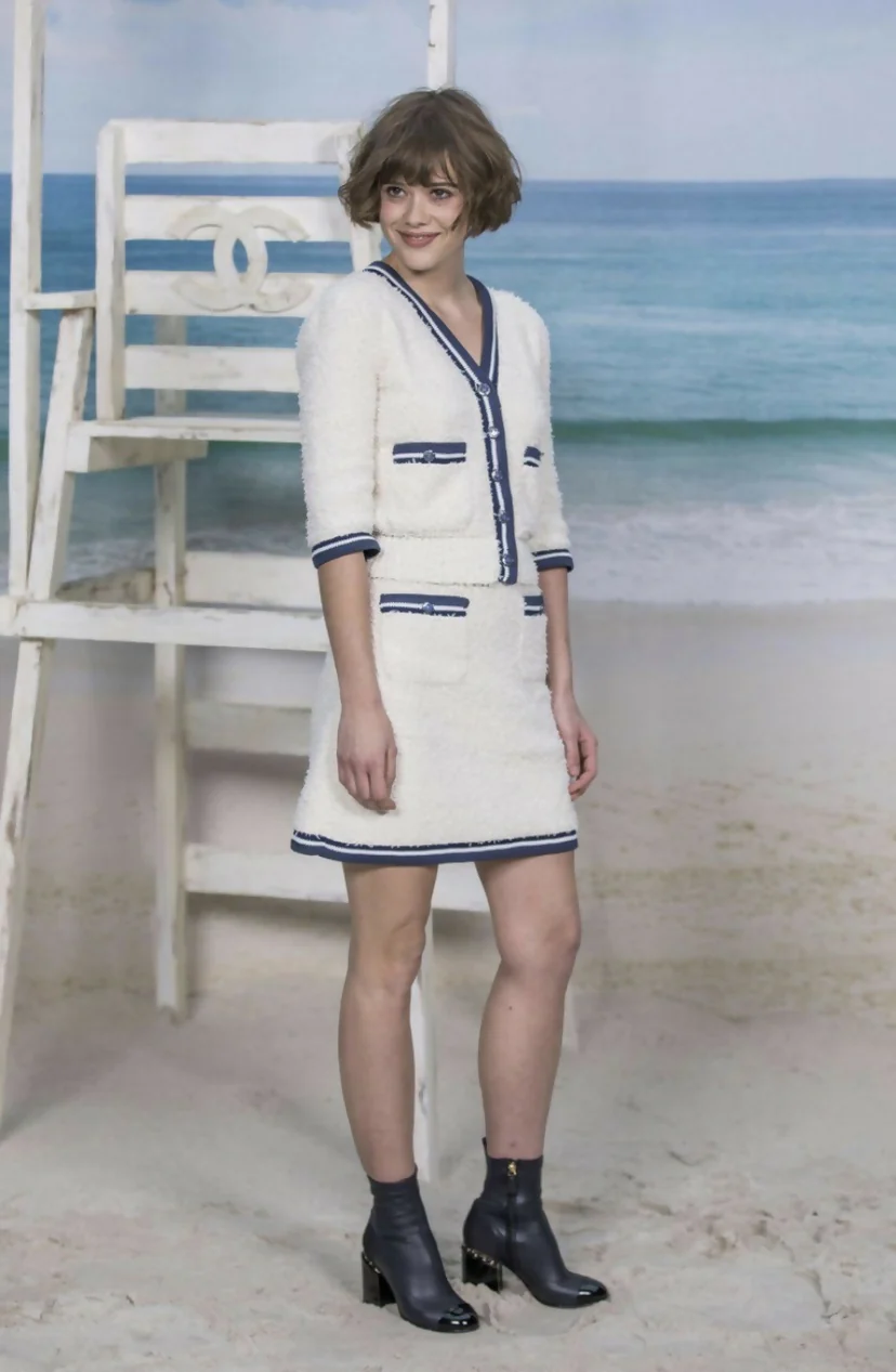 Chanel 19P Sand by the Sea Fantasy Tweed Ivory Navy Short Sleeve Dress FR 36