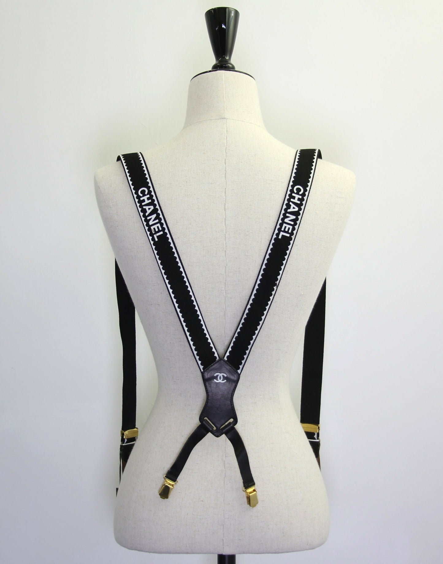 Chanel Vintage 94P Leather  Canvas Coco Mark Suspenders in Black with Gold Hardware