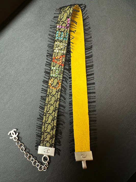 Chanel Vintage 2000 Lace Fringe Yellow  Rhinestone CHANEL Motif Necklace Choker